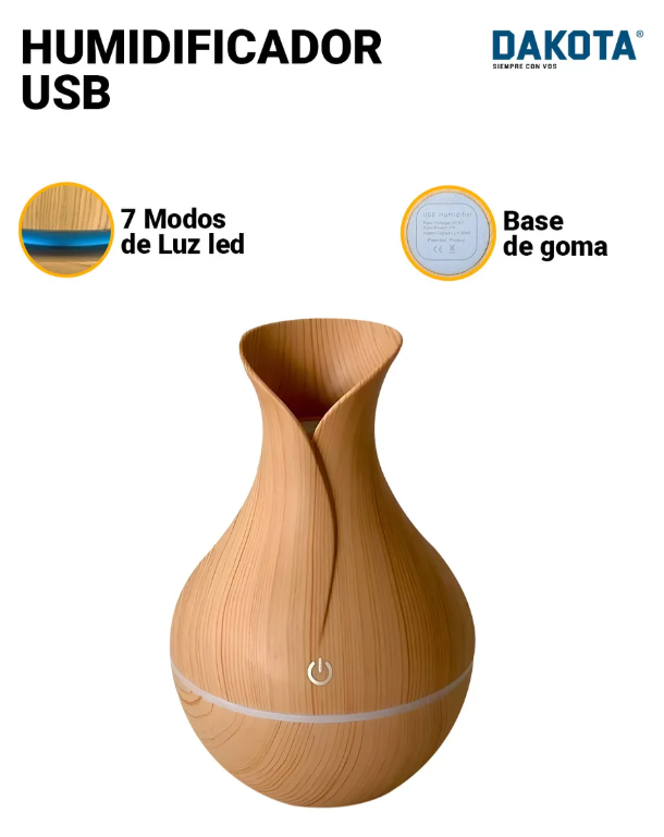 Humidificador Aire Vaporizador Dakota Aromaterapia Saludable Usb Con Luz Led