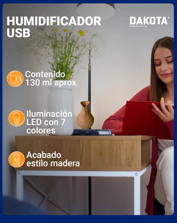 Humidificador Aire Vaporizador Dakota Aromaterapia Saludable Usb Con Luz Led